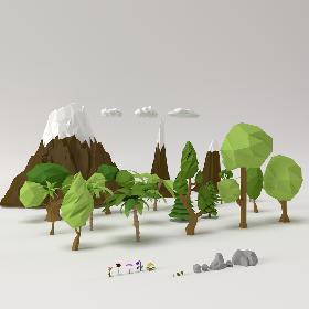 3D Low poly Trees Flowers Grass Rocks Clouds and Mountains